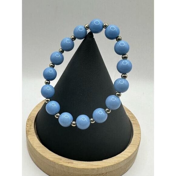 Baby Blue Beaded Stretch Bracelet With Silver Tone Spacers - Picture 3 of 3